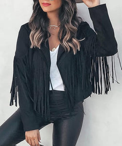 Moto Chic Black Fringed Faux Suede Leather Crop Jacket