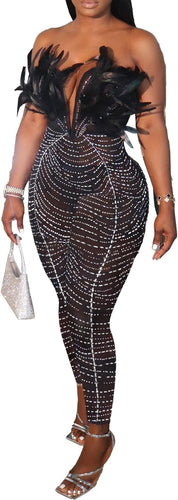 Vintage Style Feathered Black Studded Mesh Strapless Jumpsuit