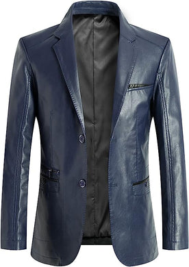 Men's Navy Blue Faux Leather Long Sleeve Moto Jacket