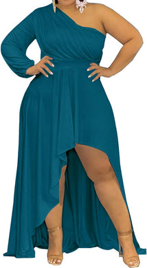Plus Size Teal Blue One Sleeve Cascading Ruffle Maxi Dress