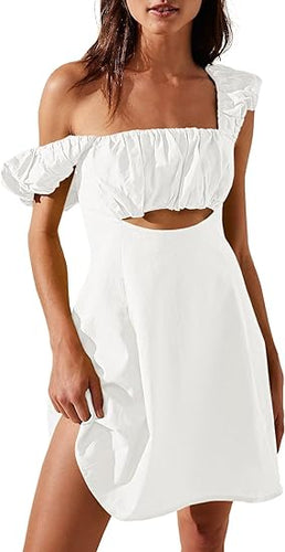 Ruched White Sleeveless Backless Mini Dress