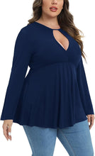 Load image into Gallery viewer, Plus Size Navy Blue Long Sleeve Keyhole Flare Top