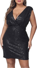 Load image into Gallery viewer, Plus Size Glitter Black Sequin Deep V Mini Dress