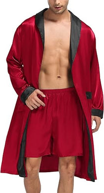 Men's Red Satin Robe & Shorts Sleepwear Set