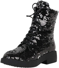 Load image into Gallery viewer, Lace Up Glitter Sequin Black Combat Boots