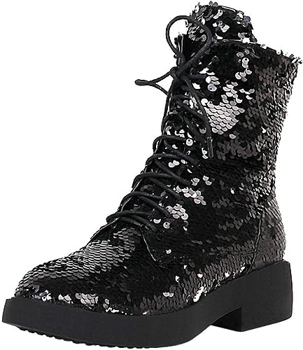 Lace Up Glitter Sequin Black Combat Boots