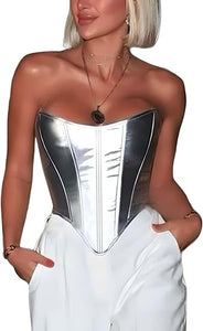 Modern Faux Leather Structured Corset Silver Top