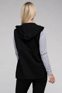 Black Drawstring Waist Military Style Hoodie Vest