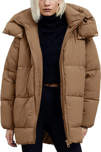 Trendy Cream Quilted Puffer Mid-Length Warm Winter Heavyweight Coat