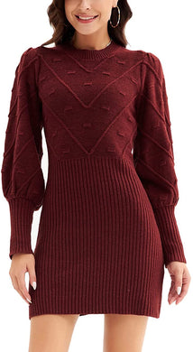 Red Wine Knit Balloon Sleeve Style Textured Sweater Dress