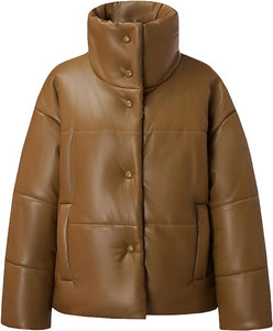 Fashionable Caramel Brown Padded Vegan Leather Long Sleeve Puffer Jacket