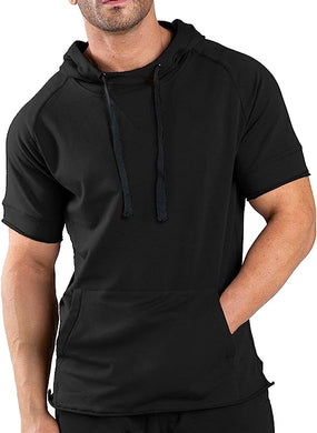 Men's Casual Sports Black Drawstring Short Sleeve Hoodie