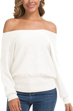 Soft Knit White Off Shoulder Long Sleeve Winter Sweater