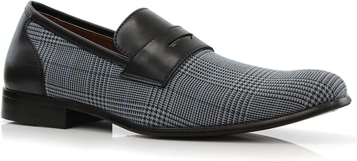 Men's Leather Black Plaid Penny Loafer Dress Shoes