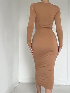 Modern Knit Khaki Brown Long Sleeve Midi Dress