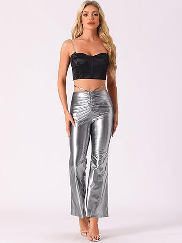 Silver Ruched Drawstring Flare Pants