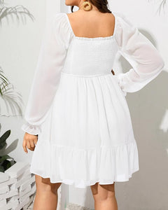 Plus Size White Chiffon Long Sleeve Ruffle Dress