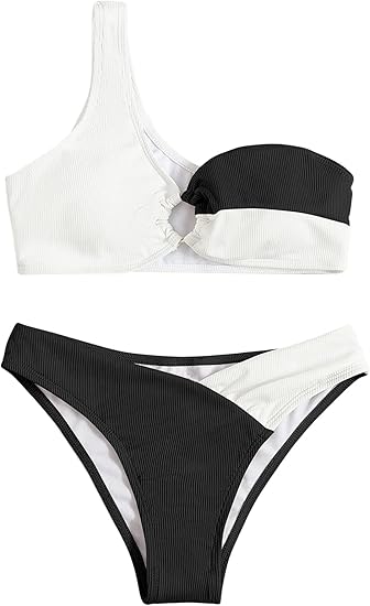 One Shoulder Color Block Bikini Black Swimsuit