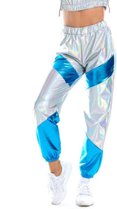 Metallic Silver-Blue Elastic Jogger Pants