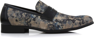 Men's Leather Black Azure Floral Penny Loafer Dress Shoes