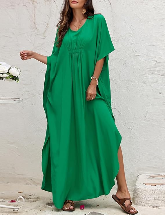 Summer Green Loose Fit Kaftan Cover Up Maxi Dress
