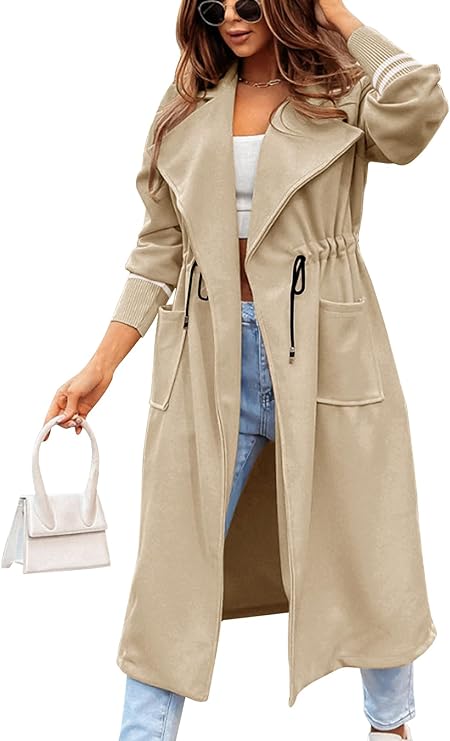 Fashionable Beige Drawstring Waist Lapel Striped Lightweight Over Coat