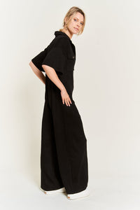 Cargo Black Basic Collar Shirt Wide leg Jumpsuit