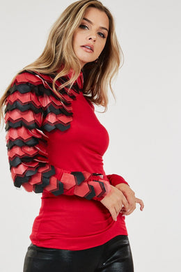 High Fashion Red Faux Leather Scale Sleeve Turtleneck Knit Top