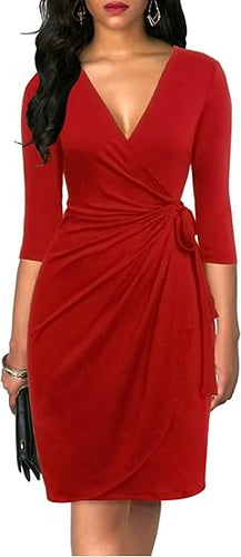 Berydress Red V Neck Casual Party Wrap Dress