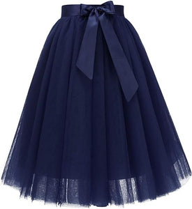 Navy Blue 5 Layer Tulle Satin Bow Tie Midi Skirt