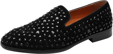 Men's Black Leather Studded Embellished Loafer Dress Shoes