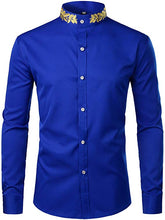 Load image into Gallery viewer, Men&#39;s Blue Embroidered Collar Long Sleeve Button Down Shirt
