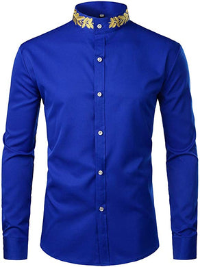 Men's Blue Embroidered Collar Long Sleeve Button Down Shirt