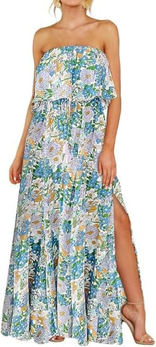 Boho Strapless Green/White Floral Summer Maxi Dress