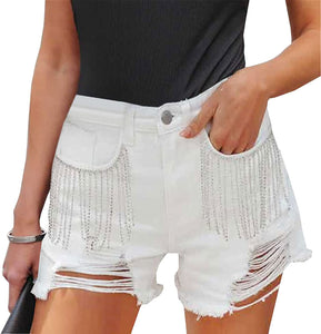 High Waist Rhinestone Chain White Denim Shorts