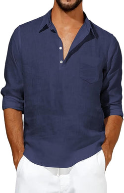 Men's Cuban Style Navy Blue Long Sleeve Casual Shirt