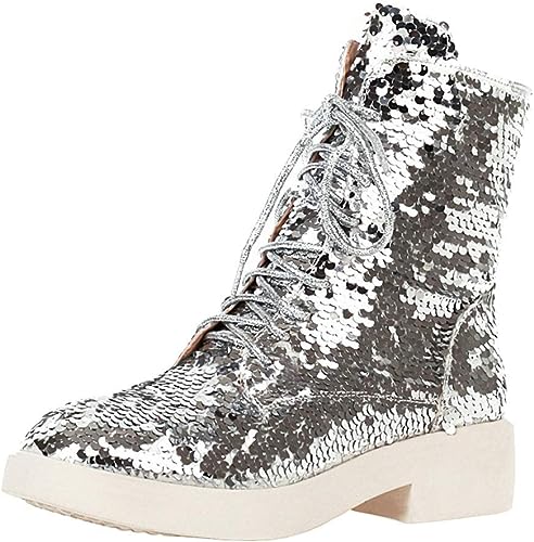 Lace Up Glitter Sequin Silver Combat Boots