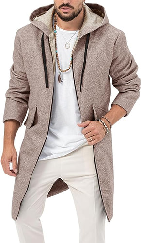 Men's Khaki Hooded Long Sleeve Drawstring Jacket