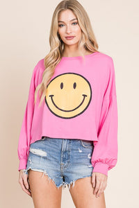 Smiley Face Mocha Long Sleeve Crop Top