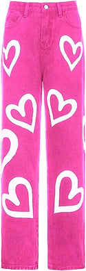 Heart Printed Pink High Waist Straight Leg Denim Jeans