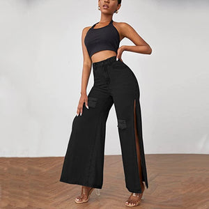 High Waist Black Denim Wide Leg Slit Style Jeans