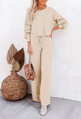 Comfort Knit Sweatsuit Pullover Beige Long Sleeve Top & Wide Leg Pants Set