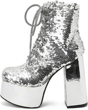 Load image into Gallery viewer, Lace Up Glitter Sequin Silver Combat Boots