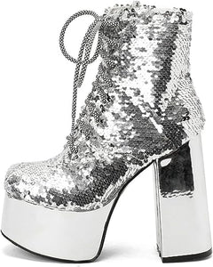 Lace Up Glitter Sequin Silver Combat Boots