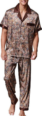 Men's Brown Paisley Silk Short Sleeve Top & Pants Set