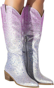 Rhinestone Knee High Sequin Silver Cowboy Boots