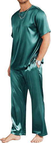 Men's Dark Green Satin Silk Short Sleeve Shirt & Pants Pajamas Set