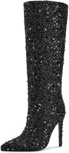 Black Sequin Sparkle Glitter Stiletto Boots