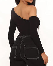 Load image into Gallery viewer, Black Asymmetrical Long Sleeve Bodysuit
