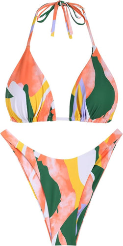 Coral Green Printed High Cut Two Piece Bikini Swimsuit